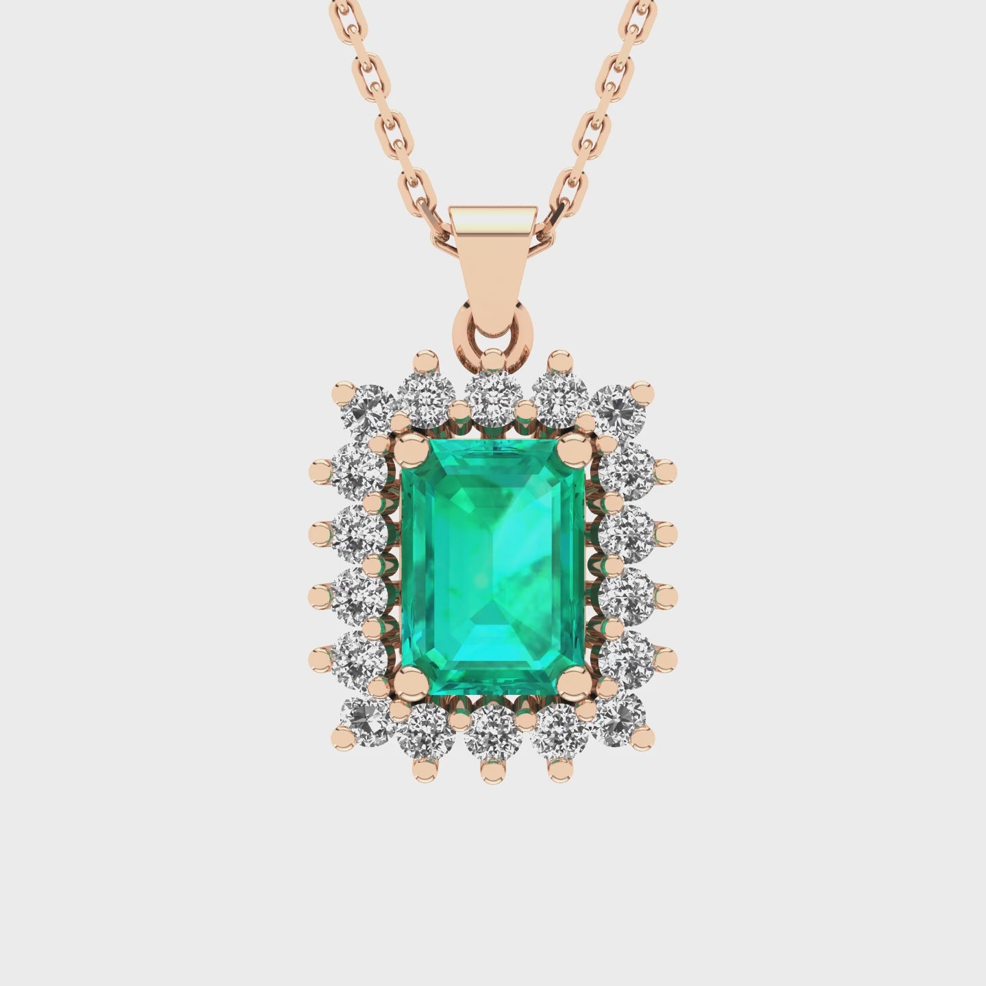 Gabriano Julieth 4 tırnaklı emerald kesim zümrüt kolye;  yuvarlak pırlanta ve rose altın kolye videosu